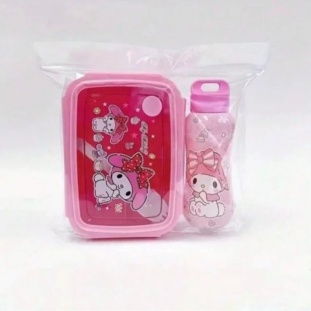 Sanrio My Melody Bento Lunch Set Lock Box with Fork With Water Bottle New
